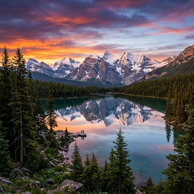 雪山湖泊倒影日出风景
