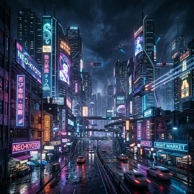 Cyberpunk cityscape at night with neon reflections on rain-soaked streets